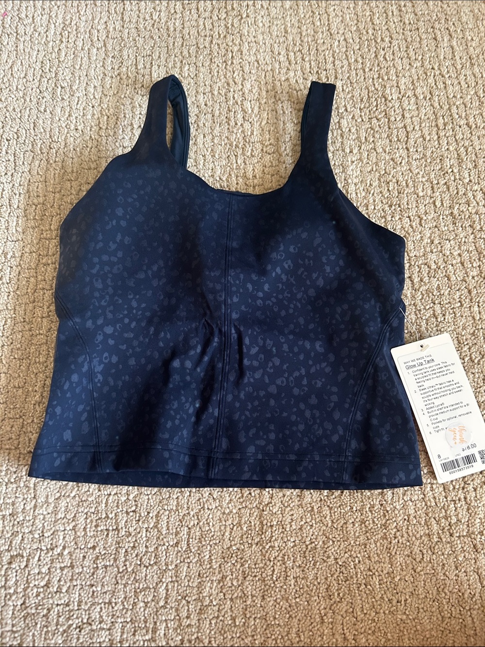 Lululemon Glow Up Tank B/C Cup Size 8 NWT Leopard Navy $78